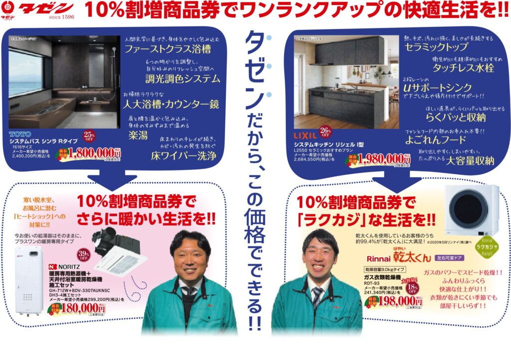 10％割増商品券でワンランクアップの快適生活を！！
タゼンだから、この価格でできる！！
TOTOシステムバス シンラ Rタイプ
1616サイズ
メーカー希望小売価格
2,400,200円（税込）を新春
特価1,800,000円（税込）（工事費別途）25% OFF
人間光学に基づき、身体をやさしく包み込むファーストクラス浴槽
６つの明かりを調整し、自分好みのリフレッシュ空間へ調光調色システム
お掃除ラクラクな人大浴槽・カウンター鏡
肩と腰を温かく包み込み、身体のすみずみまで温める楽湯
床まわりのキレイが続き、カビ・汚れの発生を防ぐ床ワイパー洗浄
〜10％割増商品券でさらに暖かい生活を！！〜
寒い脱水室、お風呂に潜む「ヒートショック」への対策に！！
今お使いの給湯器はそのままに、プラスワンの暖房専用タイプ
NORITZ 暖房専用熱源機＋天井付浴室暖房乾燥機施工セット
GH-712W＋BDV-3307AUKNSC DH3-4施工セット
メーカー希望小売価格299,200円（税込）を新春特価180,000円（税込）（工事費別途）39% OFF
LIXIL システムキッチン リシェル I型L2550 セラミックおすすめプラン
メーカー希望小売価格2,684,550円（税込）を新春特価1,980,000円（税込）（工事費別途）
熱、キズ、汚れに強く、美しさが長続きするセラミックトップ
衛生的にも経済的にもおすすめタッチレス水栓
２段レーンのuサポートシンクで下ごしらえや後片付けでサポート！！
ほしい道具が、らくにパッと取り出せるらくパッと収納
ファンとフード内部のお手入れ不要！！よごれんフード
取り出しやすく、しまいやすい、たっぷり入る大容量収納
〜10％割増商品券で「ラクカジ」な生活を！！〜
乾太くんを使用しているお客様のうち約99.4%が「乾太くん」に大満足！※2020年5月リンナイ（株）調べ
Rinnai はやい乾太くん（乾燥容量9.0kgタイプ）ガス衣類乾燥機 RDT-93 メーカー希望小売価格241,340円（税込）を新春特価198,000円（税込）（工事費別途）18% OFF 左右可変ドア
ガスのパワーでスピード乾燥！！ふんわりふっくら快適な仕上がり！！衣類が乾きにくい季節でも部屋干しいらず！！