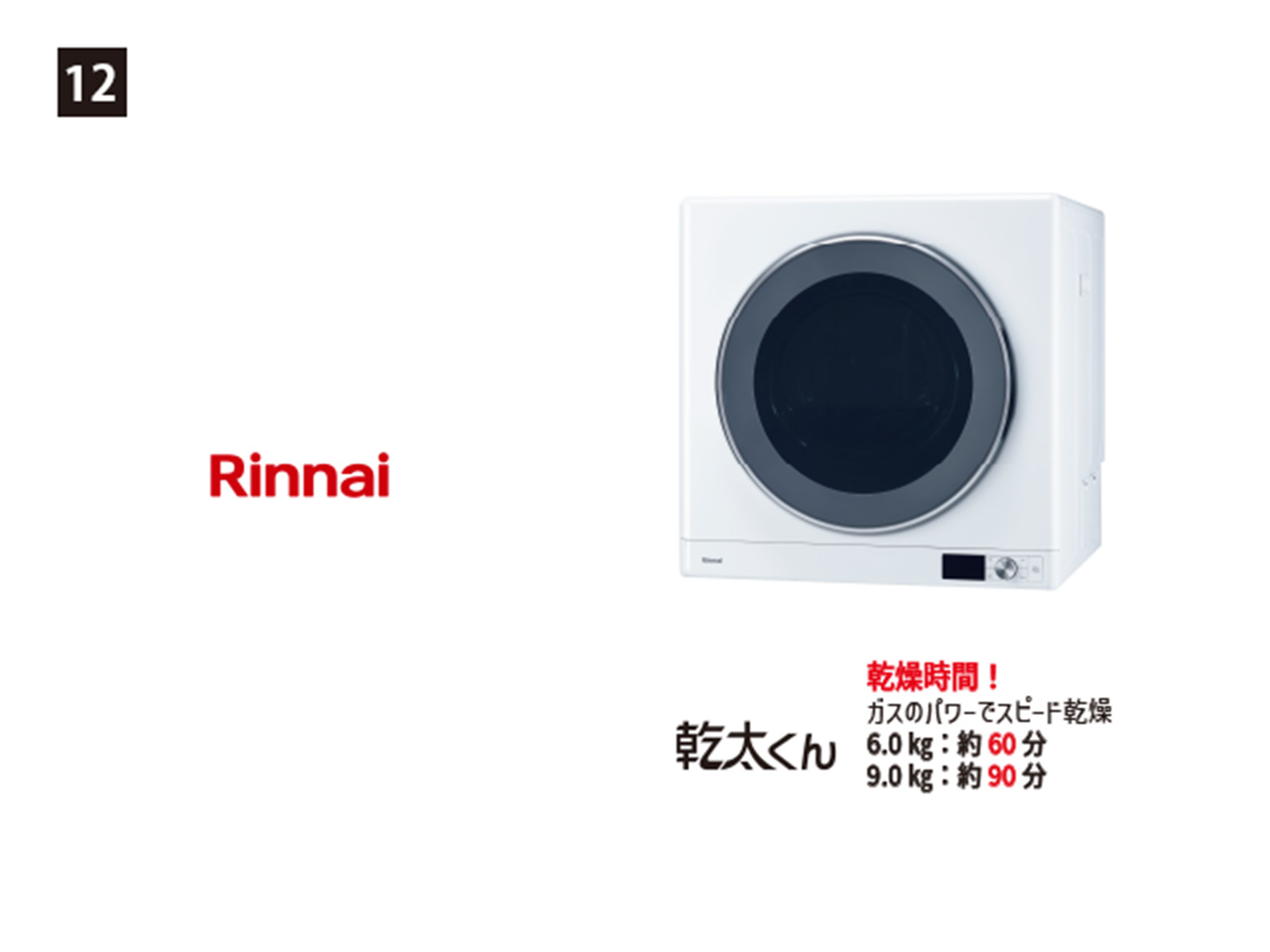 画像：リンナイ　12. 幹太くん 乾燥容量9.0㎏タイプ